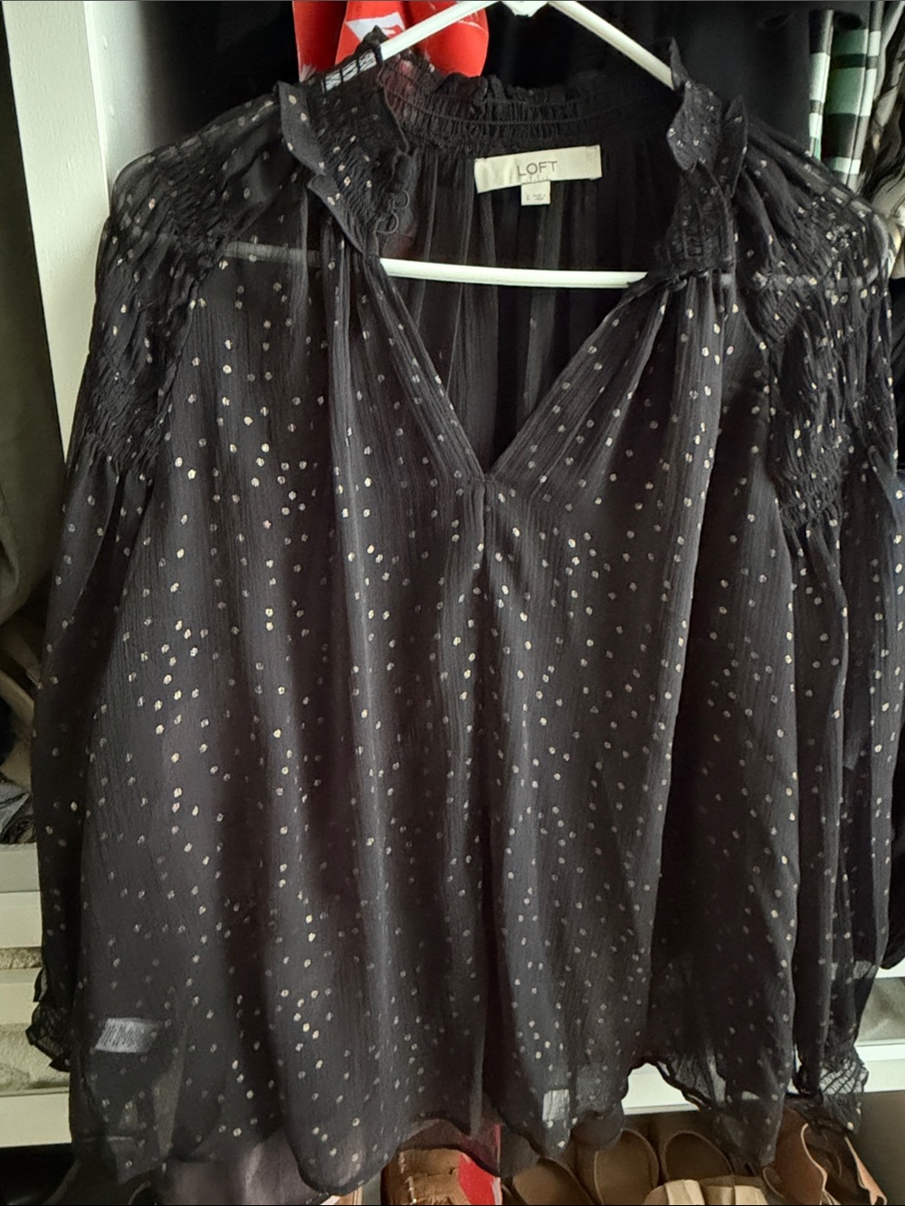 LOFT Black Dot-Print Sheer Long-Sleeve Blouse